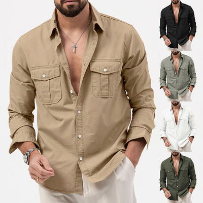 Men's Shirt Multi-pocket Solid Color Casual Long Sleeve Top - Carvan Mart
