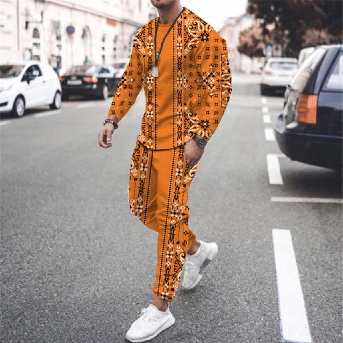 Men's Two Piece Suit Ice Silk Print Sweatshirt And Pant Sportswear - Orange - Men Suits & Sets - Carvan Mart