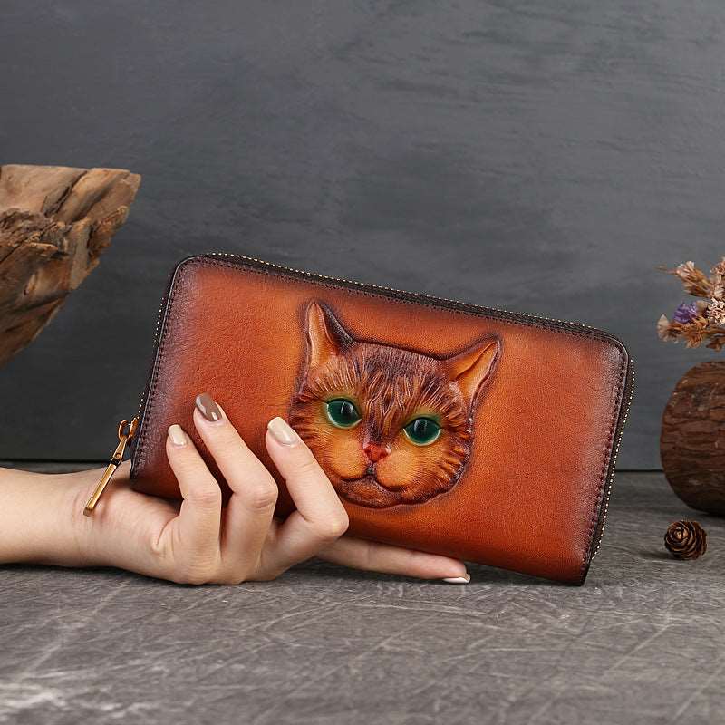 Genuine Leather Coin Purse Cat Embossed Multi-card-slot Card Holder Design Sense - Carvan Mart