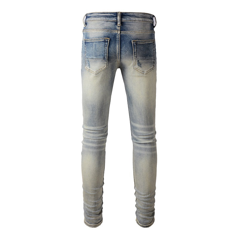 Iridescence Printed Patch Worn Baby Blue Jeans Male - Carvan Mart