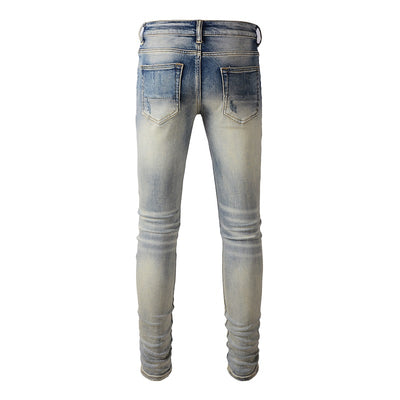 Iridescence Printed Patch Worn Baby Blue Jeans Male - - Men's Jeans - Carvan Mart