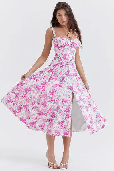 Women's Floral Milkmaid Midi Dress With Straps - White Rose - Summer Dresses - Carvan Mart