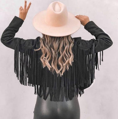 Women's Faux Suede Leather Fringe Jacket Motorcycle Moto Biker Short Open Front Tassel Coat - Carvan Mart