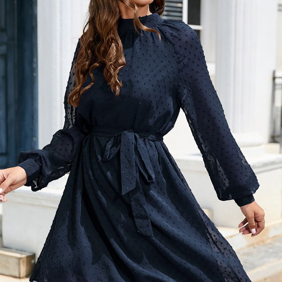 Dress Guest Wedding Long Sleeve Elegant Chiffon Polka Dot Mid-length Dress With Belt - - Wedding Dresses - Carvan Mart