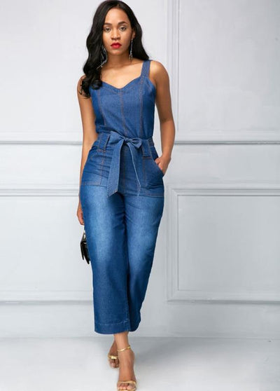 Sling Bowknot Denim Jumpsuit - - Jumpsuits & Rompers - Carvan Mart