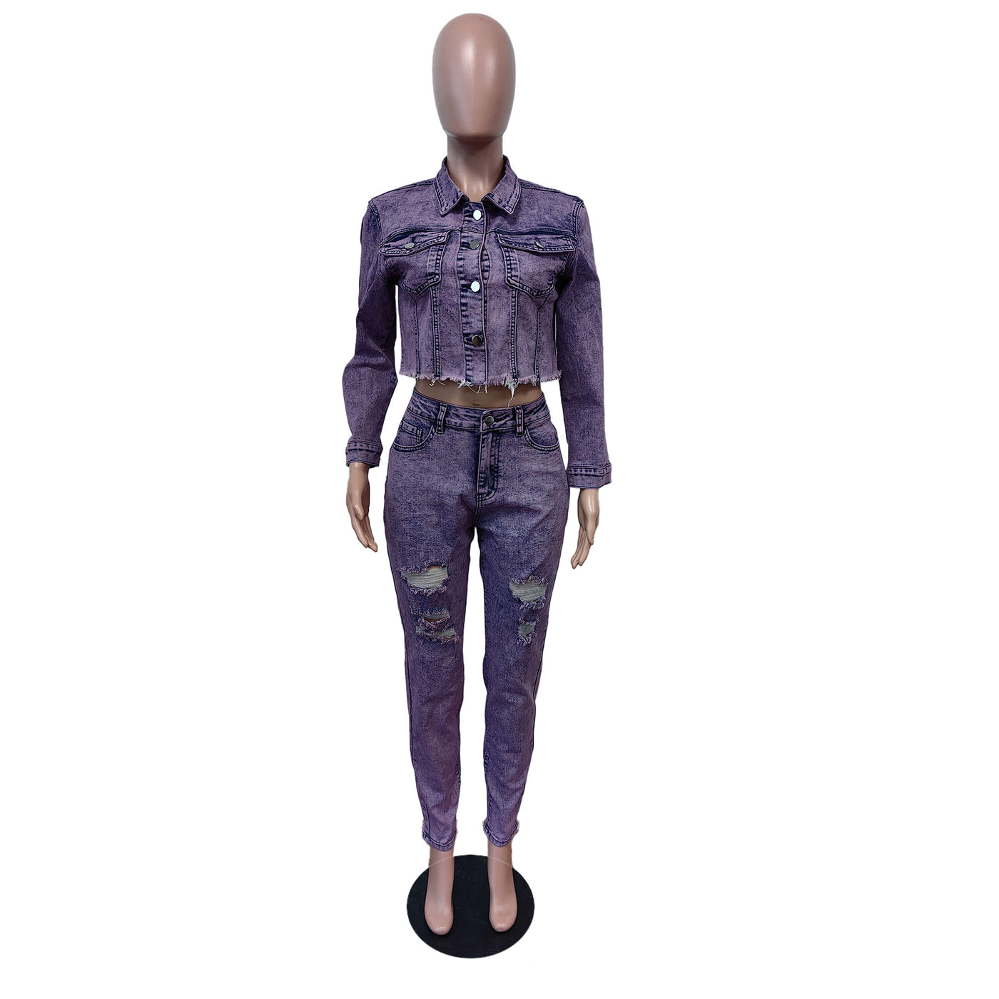 Women's Two Piece Suit Stretch Long Sleeve Denim Street Style Pant Suit - Carvan Mart