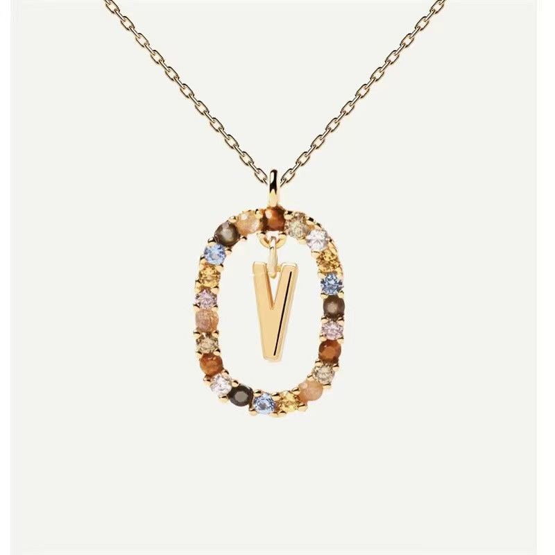 Colored Rhinestone Necklace 26 Alphabet Necklace 18K Fashion Jewelry - V - Necklaces - Carvan Mart