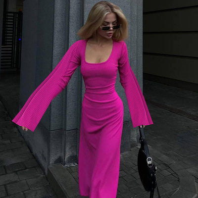 Women Fashion U-neck Dress Back Lace-up Long Bell Sleeve Dress - Carvan Mart