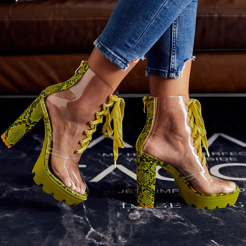Women PVC Sandals Round Toe Ankle Lace Up Platform High Heel Boots - Carvan Mart