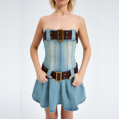 Retro Denim Word Collar Tube Top Dress, Big Waist Band Slim Hot Girl Mini Dress - Carvan Mart