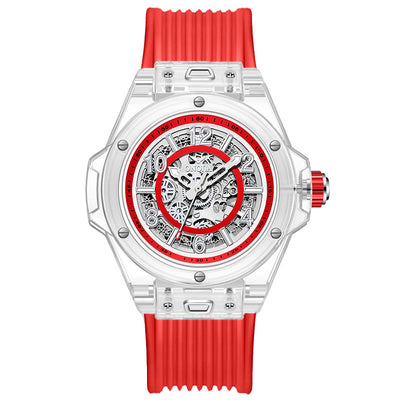 Men's Waterproof Transparent Automatic Mechanical Watch - White Red Red Belt - Men's Watches - Carvan Mart