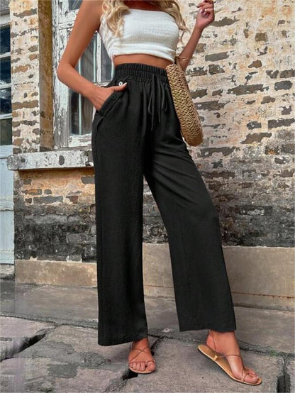 Casual Pants With Pockets Elastic Drawstring High Waist Loose Trousers For Women