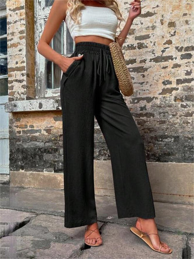 Women's High-Waisted Wide Leg Pants - Casual Loose Fit Drawstring Trousers - Black - Pants & Capris - Carvan Mart