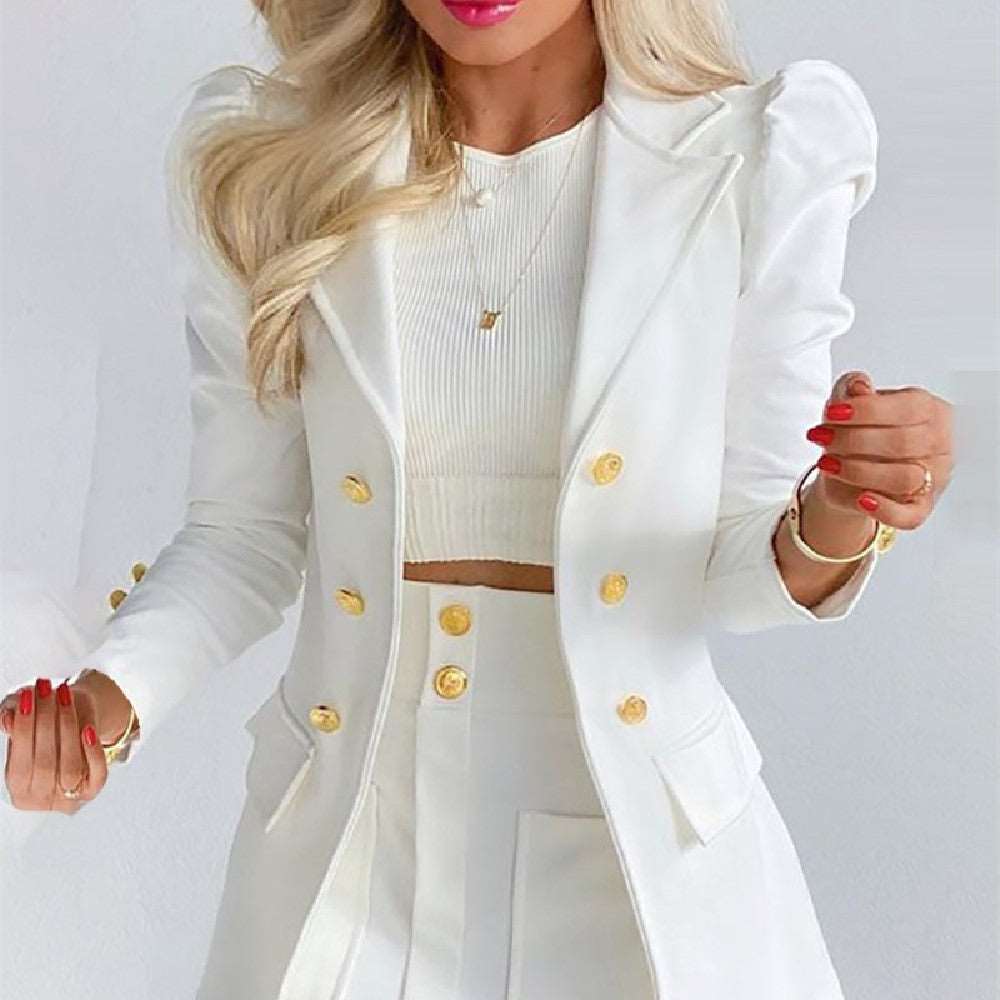 Blazers Two-piece Set, Casual Fashion Solid Loose Long Sleeve Blazers & Mini Skirt, Women's Clothing - White - Suits & Sets - Carvan Mart