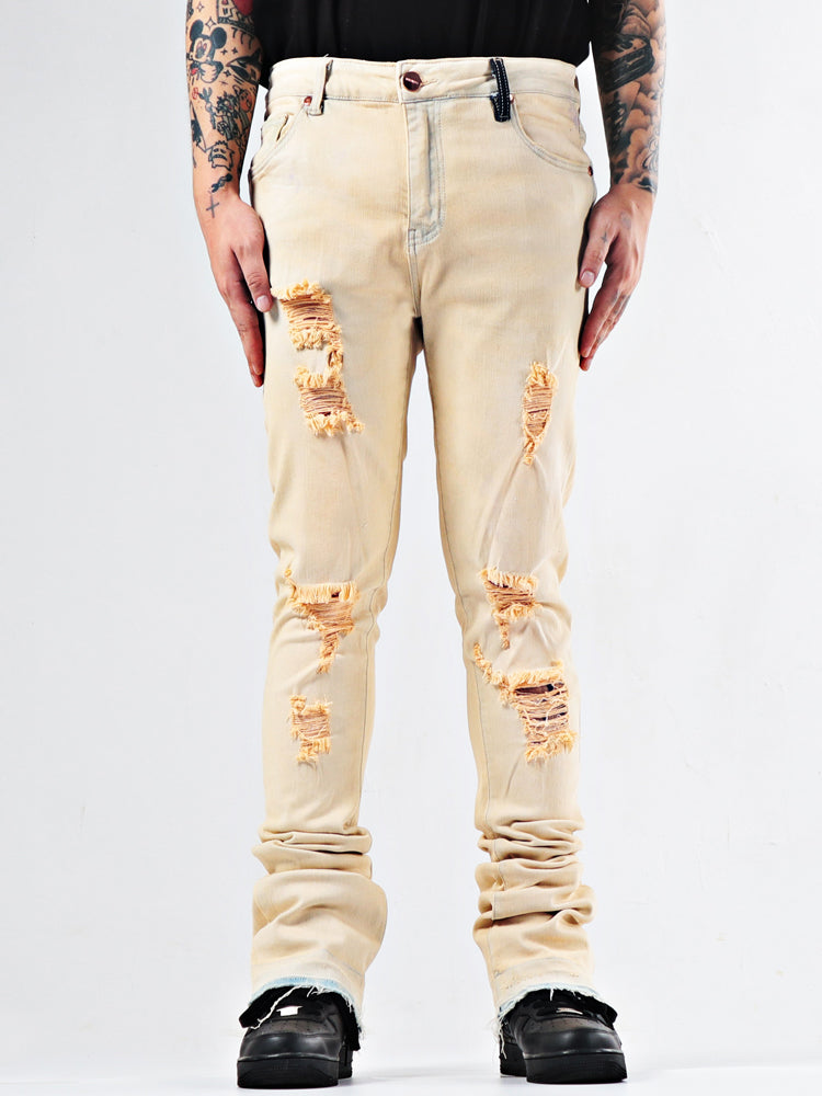 Men's Beige Distressed Ripped Skinny Jeans - Urban Streetwear Denim Pants - Beige - Men's Jeans - Carvan Mart