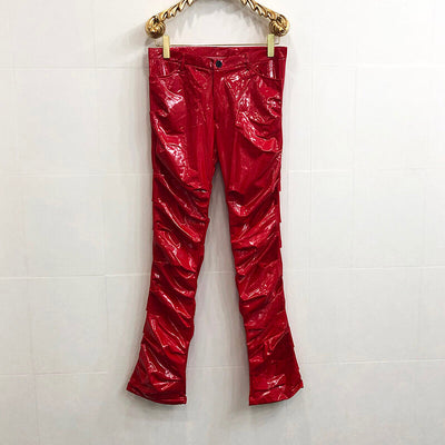 Mirror Fit Pleated Flare Leather Pants - Trendy Unisex PU Leather Pants - Carvan Mart