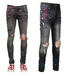 Vintage Distressed Paint Splashed Ink Stretch Gray Jeans For Men - Carvan Mart