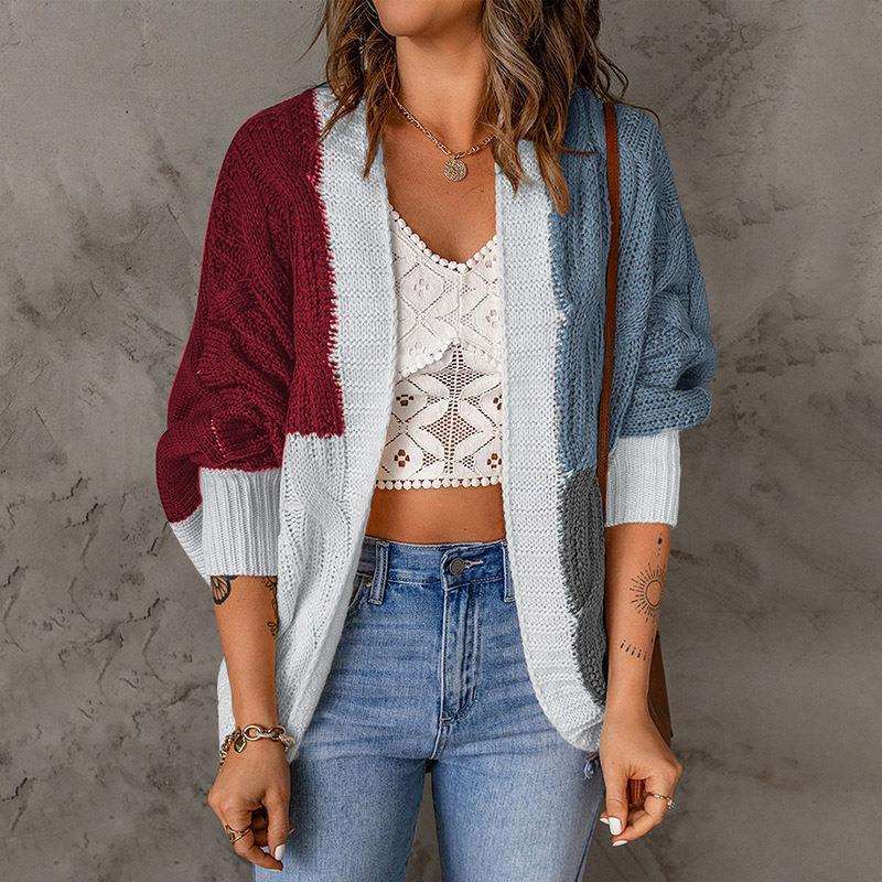 Color Stitching Knitted Cardigan Sweater Outside - Carvan Mart