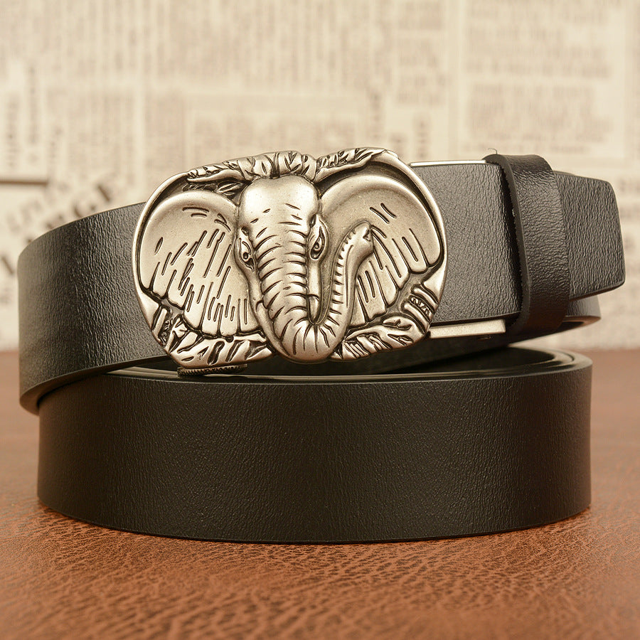 Elephant Automatic Buckle Belt Cowhide Casual - Black ancient silver buckle - Men's Belts - Carvan Mart