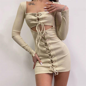 Women's Square Neck Cut Out Tie Long Sleeves Mini Dress - - Dresses - Carvan Mart