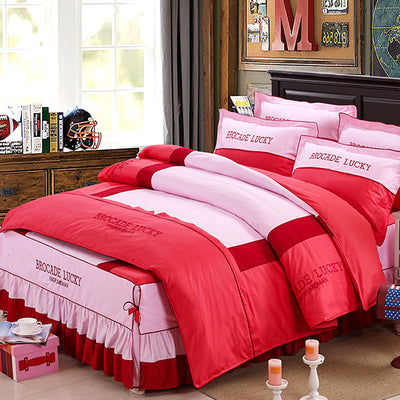 Solid color cotton bed skirt set of four - Brick red - Bedding Sets - Carvan Mart