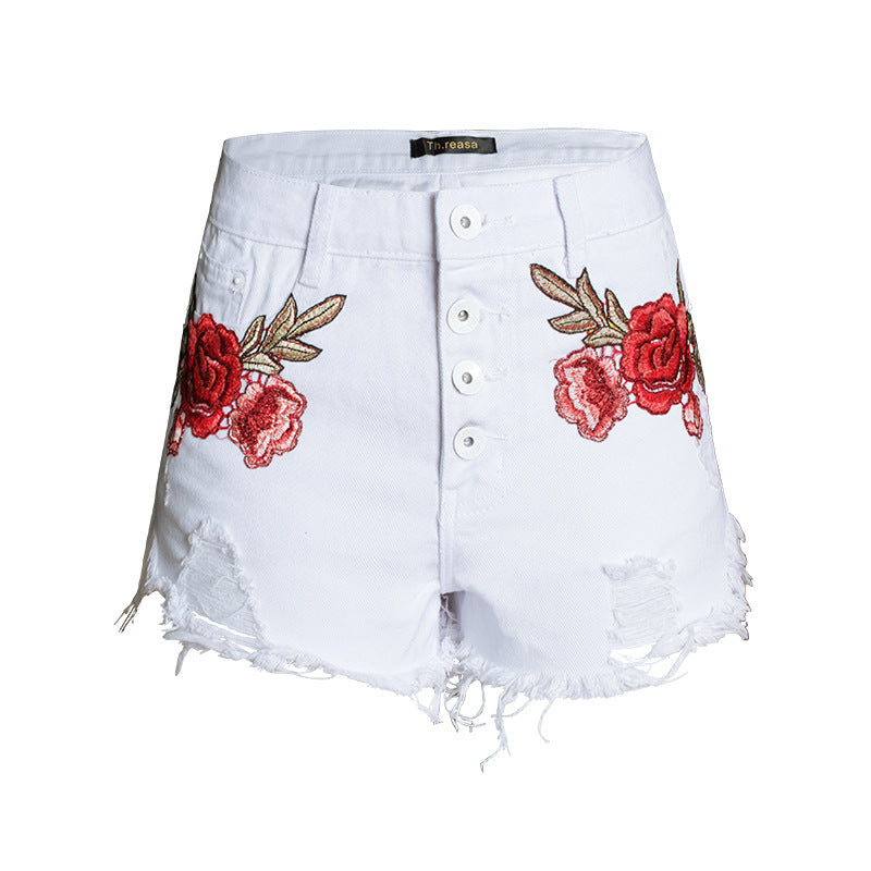 High Waisted Denim Shorts with Floral Embroidery for Women - - Women's Jeans - Carvan Mart