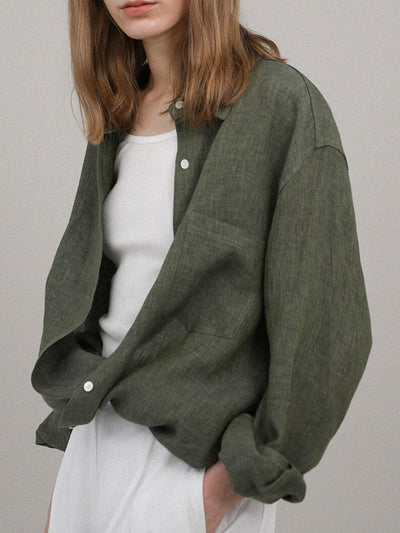 Pure Linen Shirt Turn-down Collar Coat Women - - Women's Linen - Carvan Mart