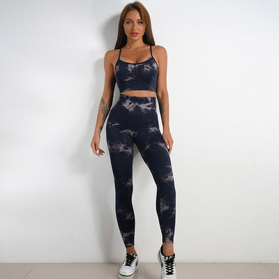 Women's Tie-dye Print Yoga Suit Fitness Sports High Waist Suit - Black trousers suit - Active Attire - Carvan Mart