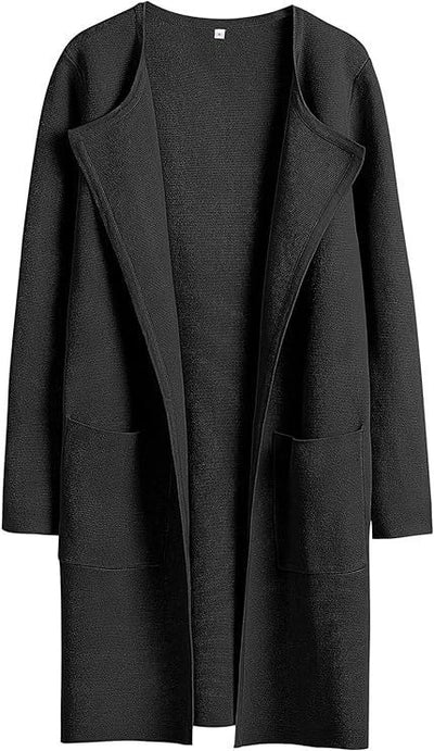 Women's Woolen Coat With Pockets Autumn And Winter Temperament Slim Fit Mid Length Jacket Comfortable Casual Lapel Coat - Black - Women's Coats & Jackets - Carvan Mart