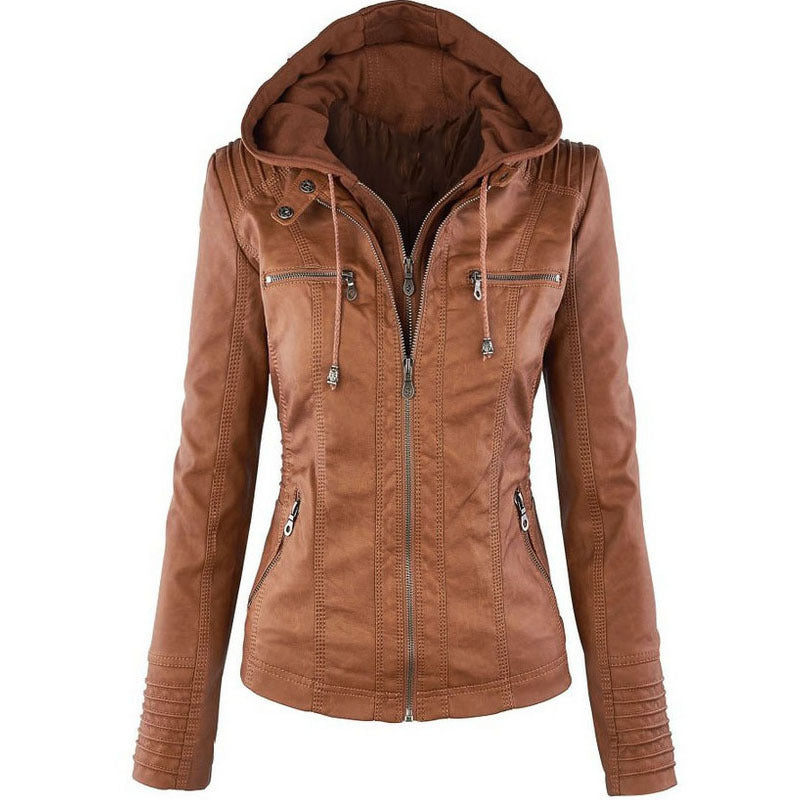 Removable Leather Jacket Lapel Hooded Women's Leather Parka Coat - Carvan Mart Ltd