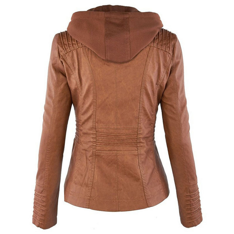 Removable Leather Jacket Lapel Hooded Women's Leather Parka Coat - - Leather & Suede - Carvan Mart