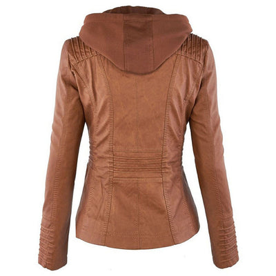 Removable Leather Jacket Lapel Hooded Women's Leather Parka Coat - Carvan Mart