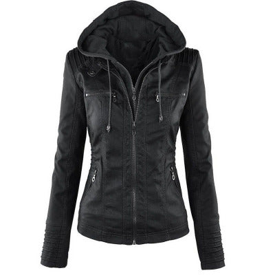 Removable Leather Jacket Lapel Hooded Women's Leather Parka Coat - Carvan Mart