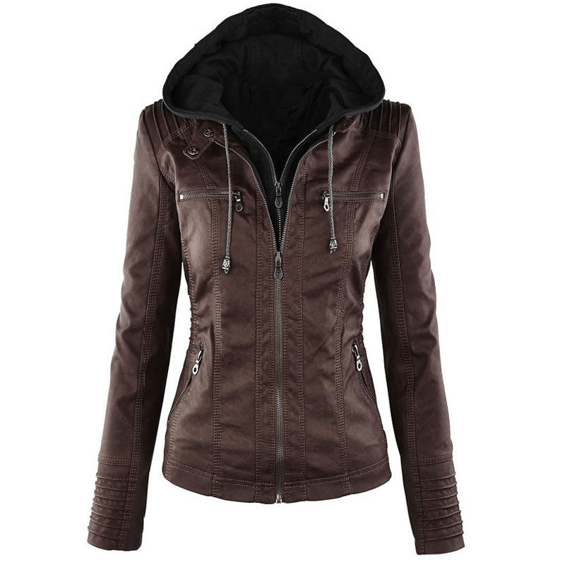 Removable Leather Jacket Lapel Hooded Women's Leather Parka Coat - Coffee - Leather & Suede - Carvan Mart