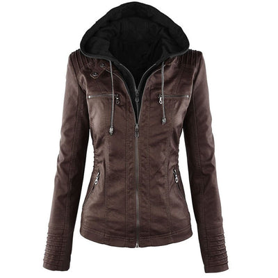 Removable Leather Jacket Lapel Hooded Women's Leather Parka Coat - Carvan Mart