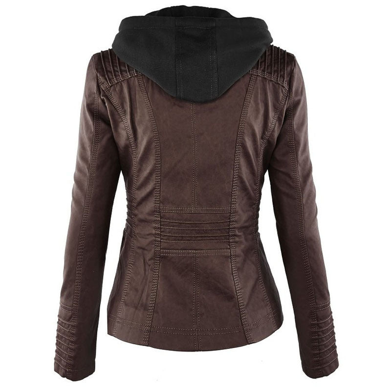 Removable Leather Jacket Lapel Hooded Women's Leather Parka Coat - - Leather & Suede - Carvan Mart