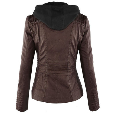 Removable Leather Jacket Lapel Hooded Women's Leather Parka Coat - - Leather & Suede - Carvan Mart