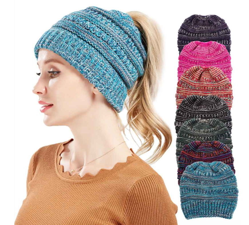 Mixed Color Knitted Wool Hat Ladies Non-labeled Ponytail Hat - Carvan Mart