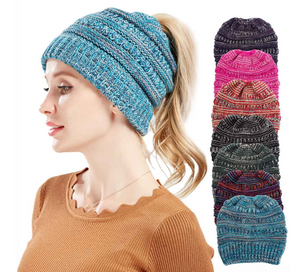 Mixed Color Knitted Wool Hat Ladies Non-labeled Ponytail Hat - - Women's Hats & Caps - Carvan Mart