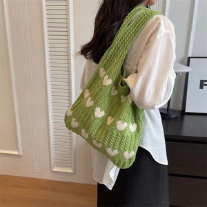 Valentine Tote Bag Large Capacity Knitted Woven Shoulder Bag - Love Green - Gift - Carvan Mart