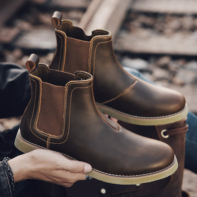 Men's Casual British Style Chelsea Dr Martens Boots - Crazy Horse Brown - Men's Boots - Carvan Mart