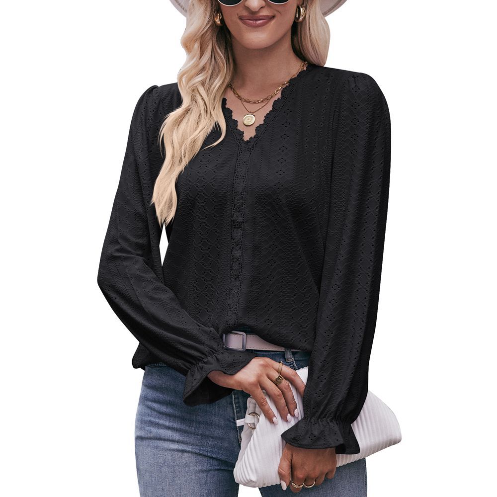 Fashion Lace V-neck Long Sleeve Top - - Winter Tops - Carvan Mart