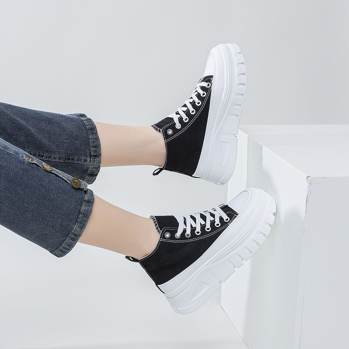 Women Lace-Up Front High Top Flatform Canvas Shoes - Carvan Mart