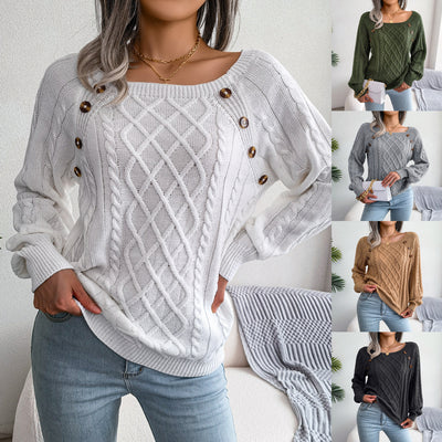 Square Neck Button Fried Dough Twist Knitting Sweater - Carvan Mart
