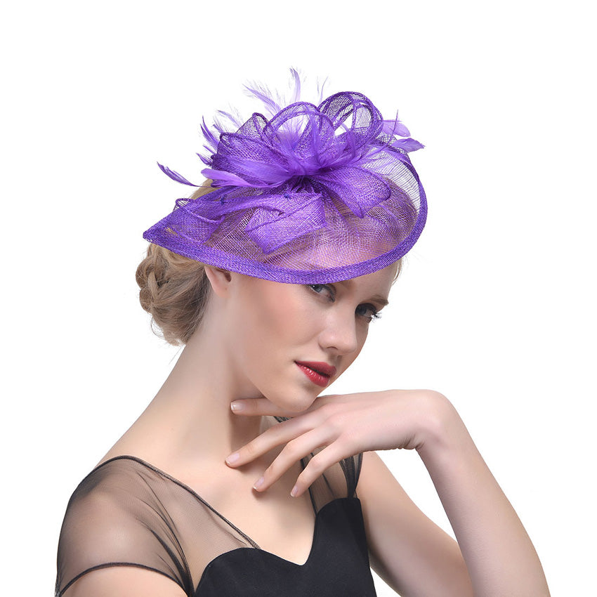 Fascinator Hat Hemp Yarn Banquet Net Top Hat Bridal Feather Hat - Purple - Women's Hats & Caps - Carvan Mart