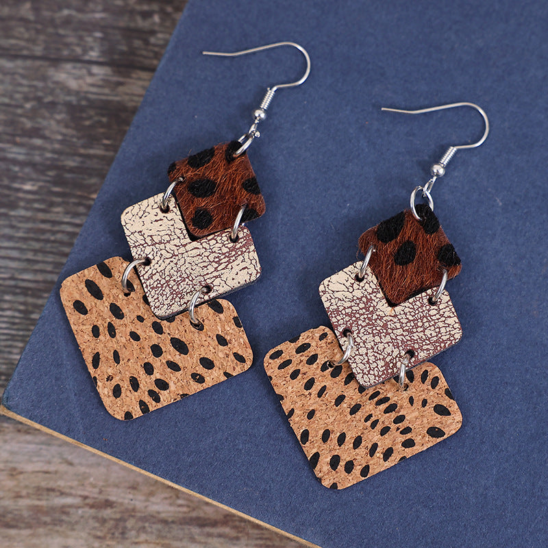 Vintage Leopard Print Stitching Leather Earrings - Carvan Mart
