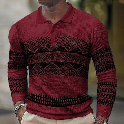 Men's Long Sleeve Polo Shirt - Stylish Geometric Knit Design for Casual and Sports Wear - Red - Men's Shirts - Carvan Mart