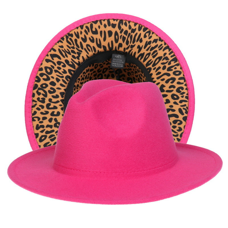 Double-sided Color-blocking Leopard Print Woolen Fedora Hat - Rose Red Leopard Print M - Men's Hats & Caps - Carvan Mart