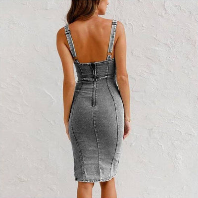 Denim Dress Summer Casual Tight Slim Fit Dress U-neck Suspender Dress - - Dresses - Carvan Mart