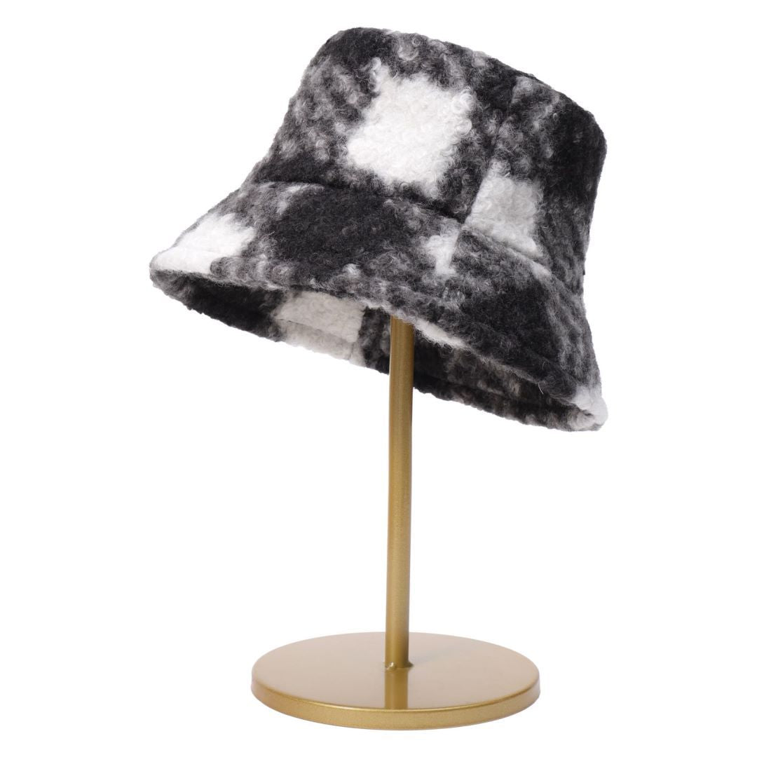 Cashmere Loop Tie Dyed Plaid Face Small Warm Woolen Basin Hat - Black M - Women's Hats & Caps - Carvan Mart